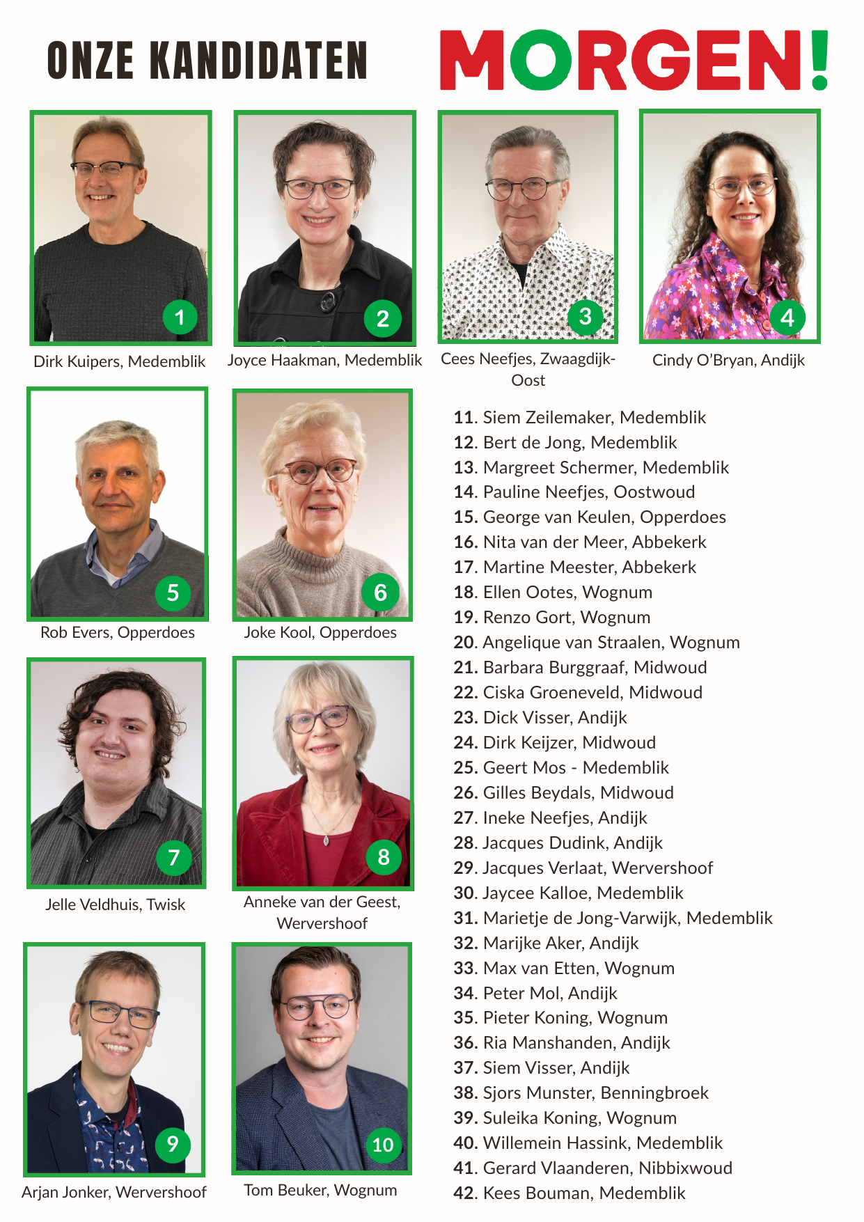 Kandidaten voor de gemeenteraadsverkiezingen 2026. Met op de eerste plek Dirk Kuipers